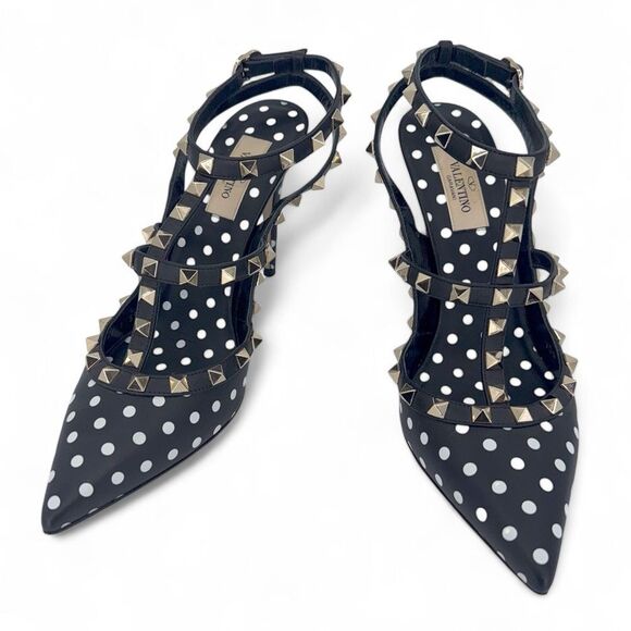 VALENTINO GARAVANI Black Ankle Strap Rockstud White Polkadot Sandals Siz… - Picture 14 of 15